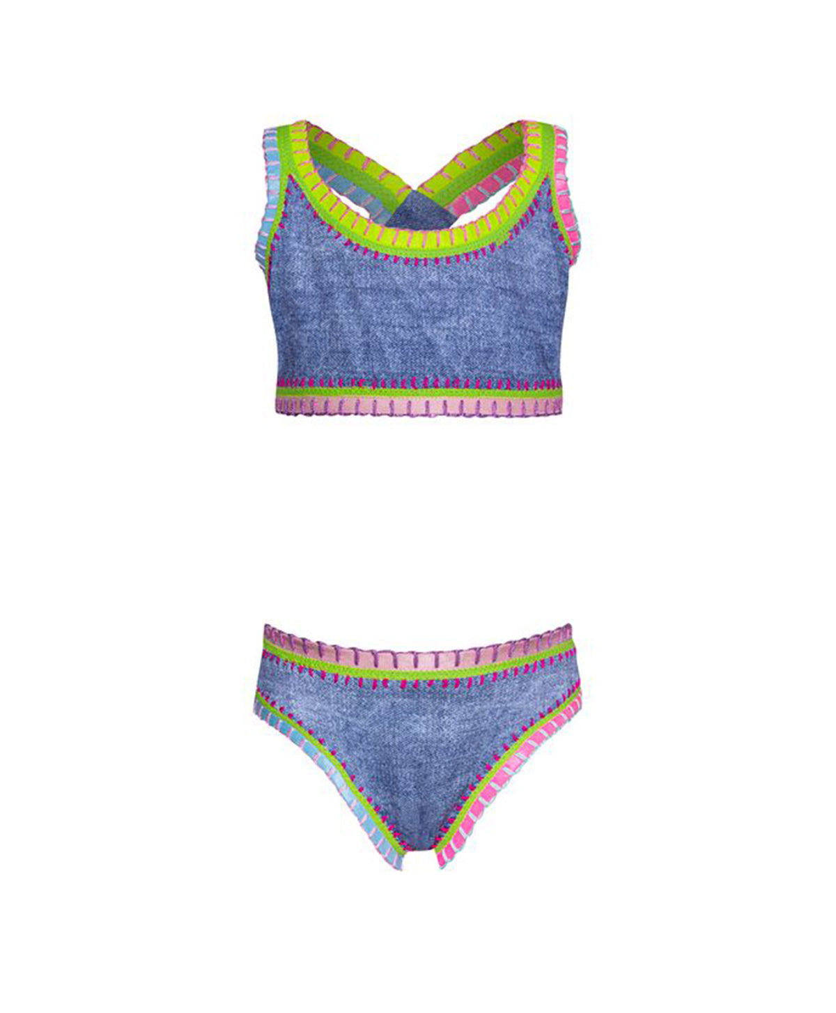 A two-piece swimsuit with a textured blue fabric body and vibrant multicolor trim in lime green, pink, and purple, shown against a plain white background.