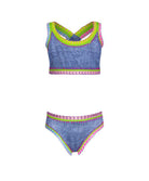 A two-piece swimsuit with a textured blue fabric body and vibrant multicolor trim in lime green, pink, and purple, shown against a plain white background.