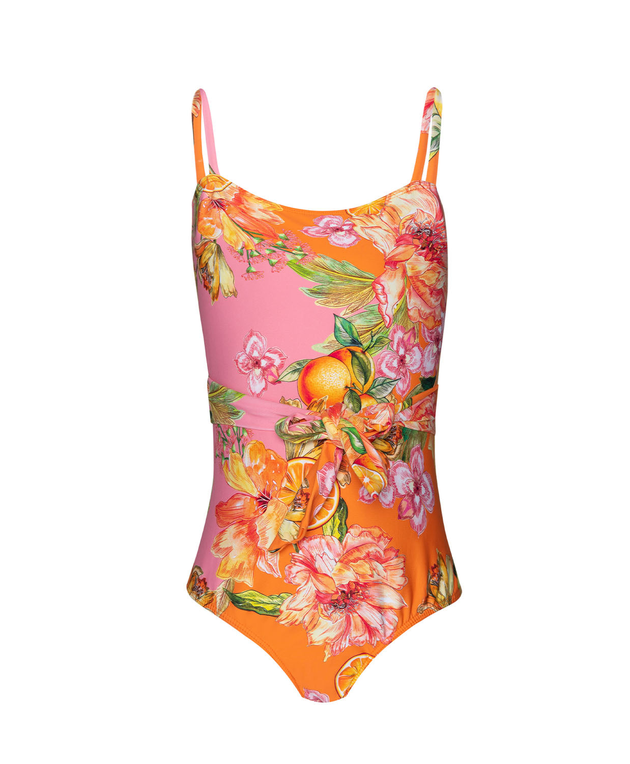 A pink and orange one piece swimsuit with a floral print against a white wall.