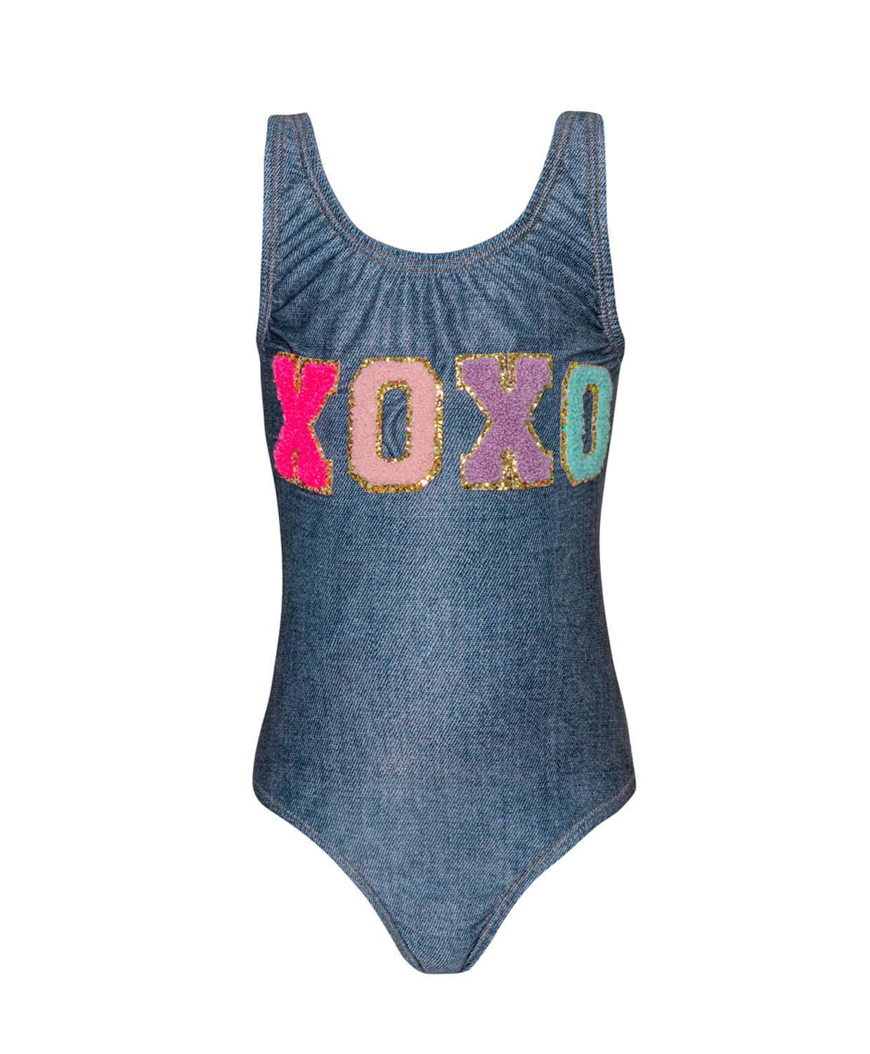 A denim one piece swimsuit with XOXO across the chest against a white wall. 