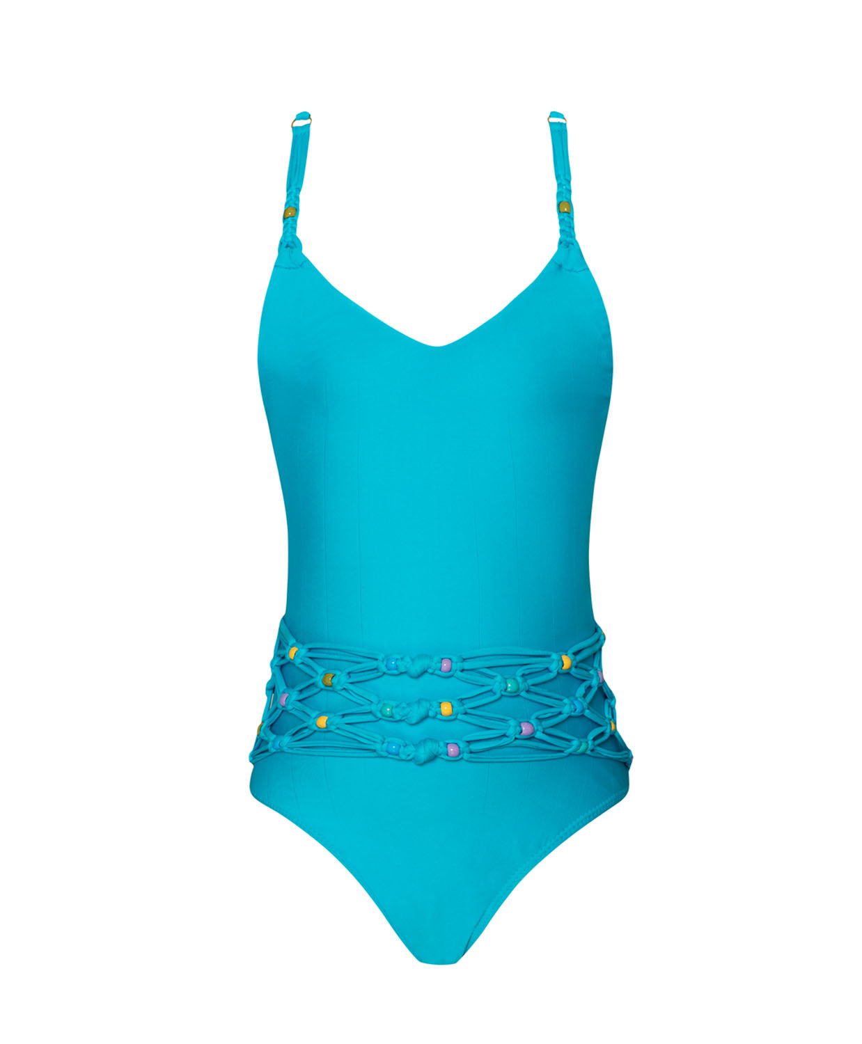 A blue kids one piece swimsuit against a white wall. 