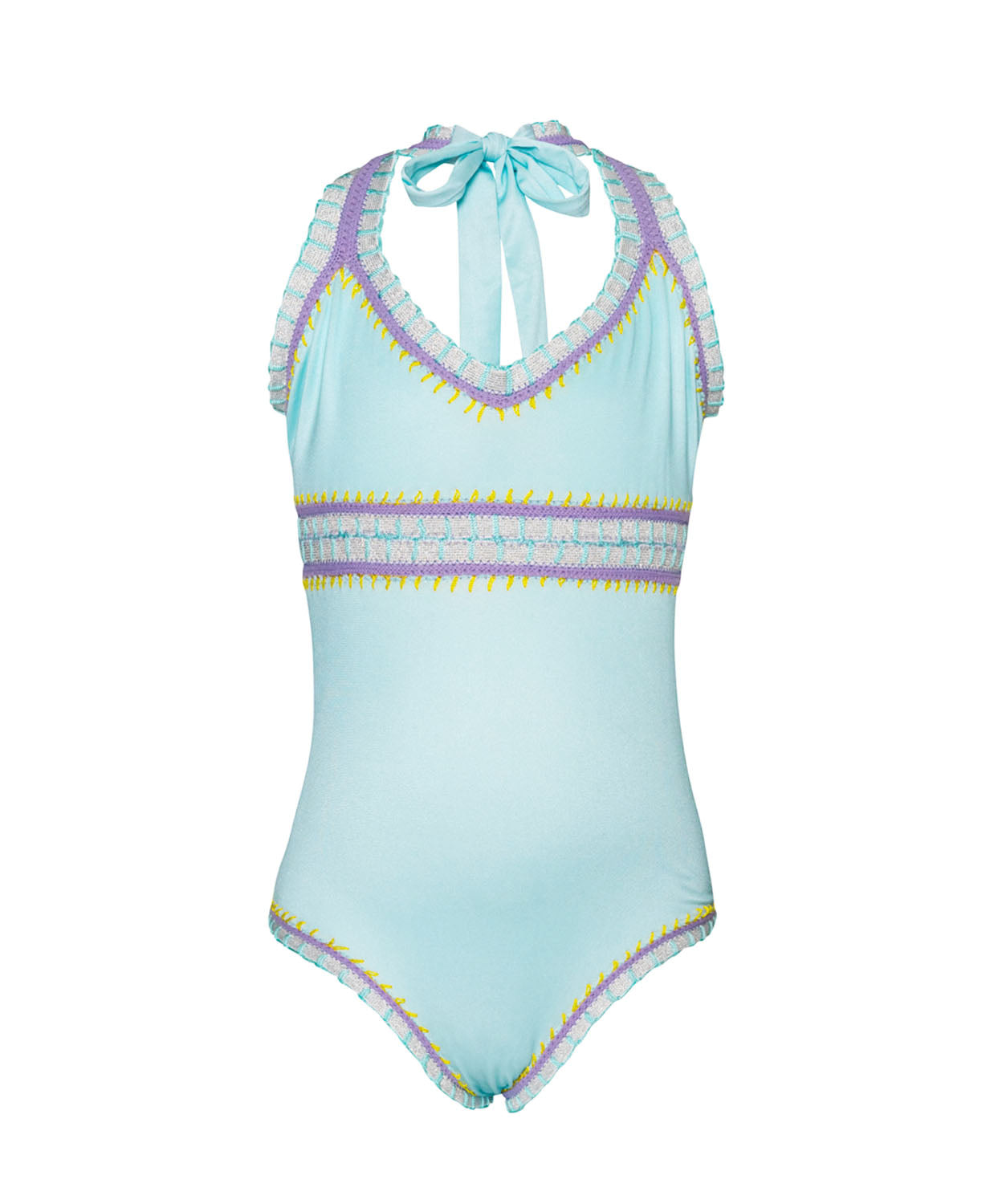 A light blue kids one piece swimsuit against a white wall. 