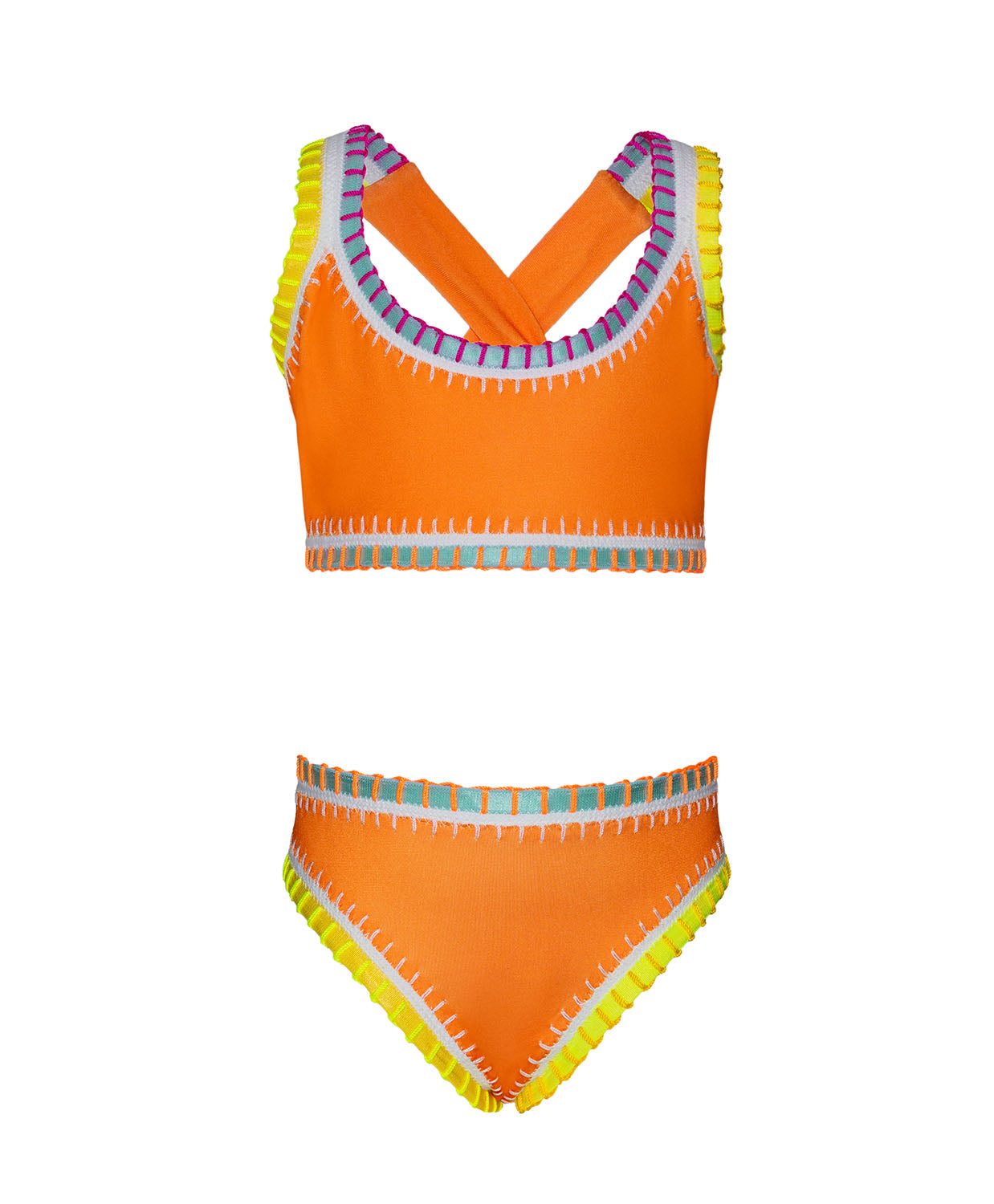 An orange bikini with colorful embroidered trim against a white wall.