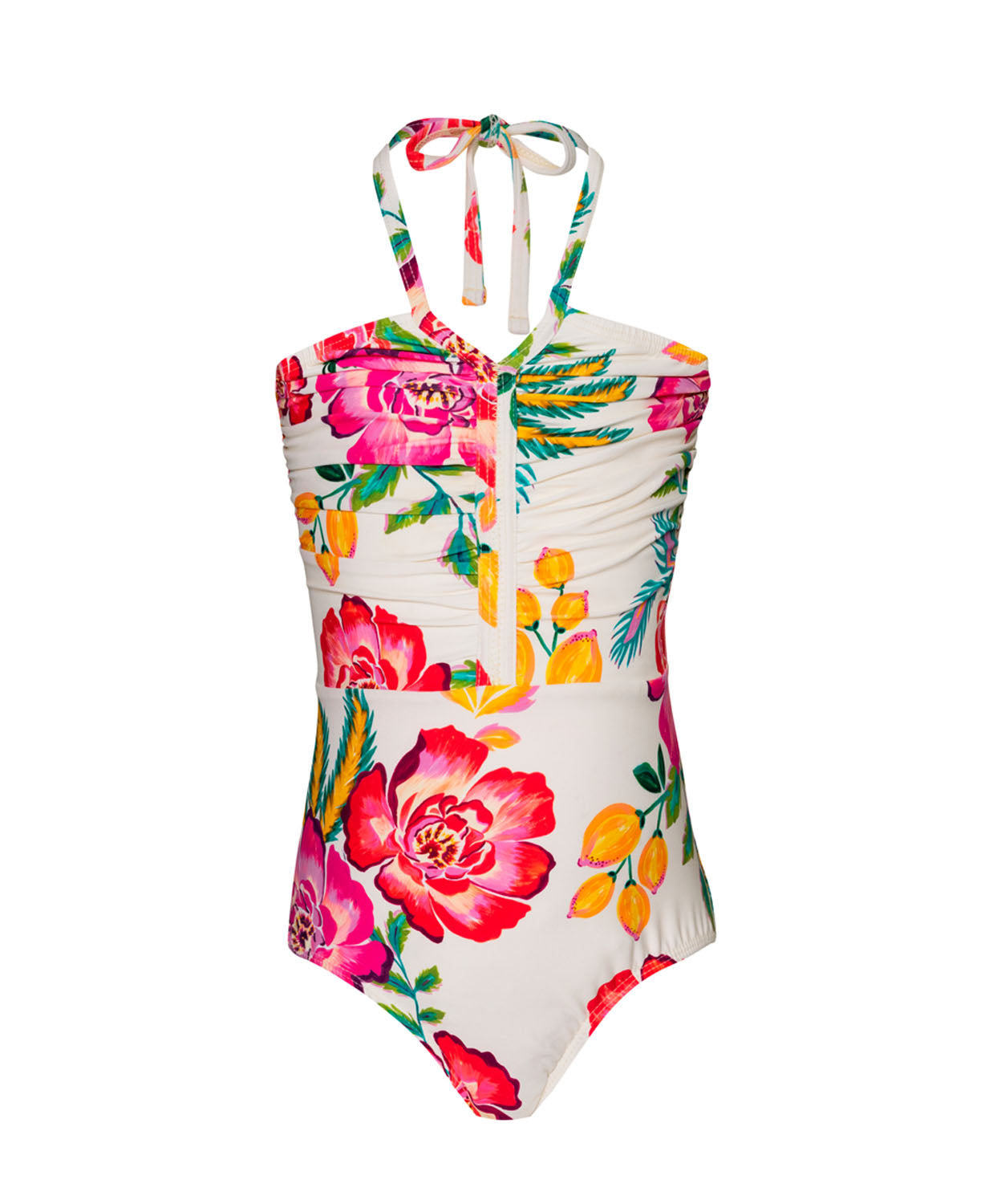 A white one piece swimsuit with a floral print against a white wall. 