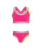 A two-piece swimsuit set featuring a bright pink knit crop top and matching high-waisted bottoms, both decorated with colorful trim in pink, yellow, and white.