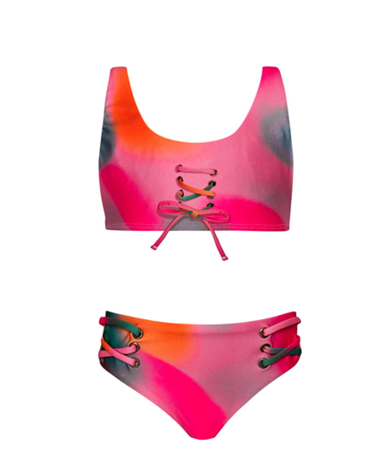 A pink tie dye kids bikini against a white wall. 