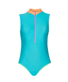 A turquoise zip up one piece swim suit against a white wall. 