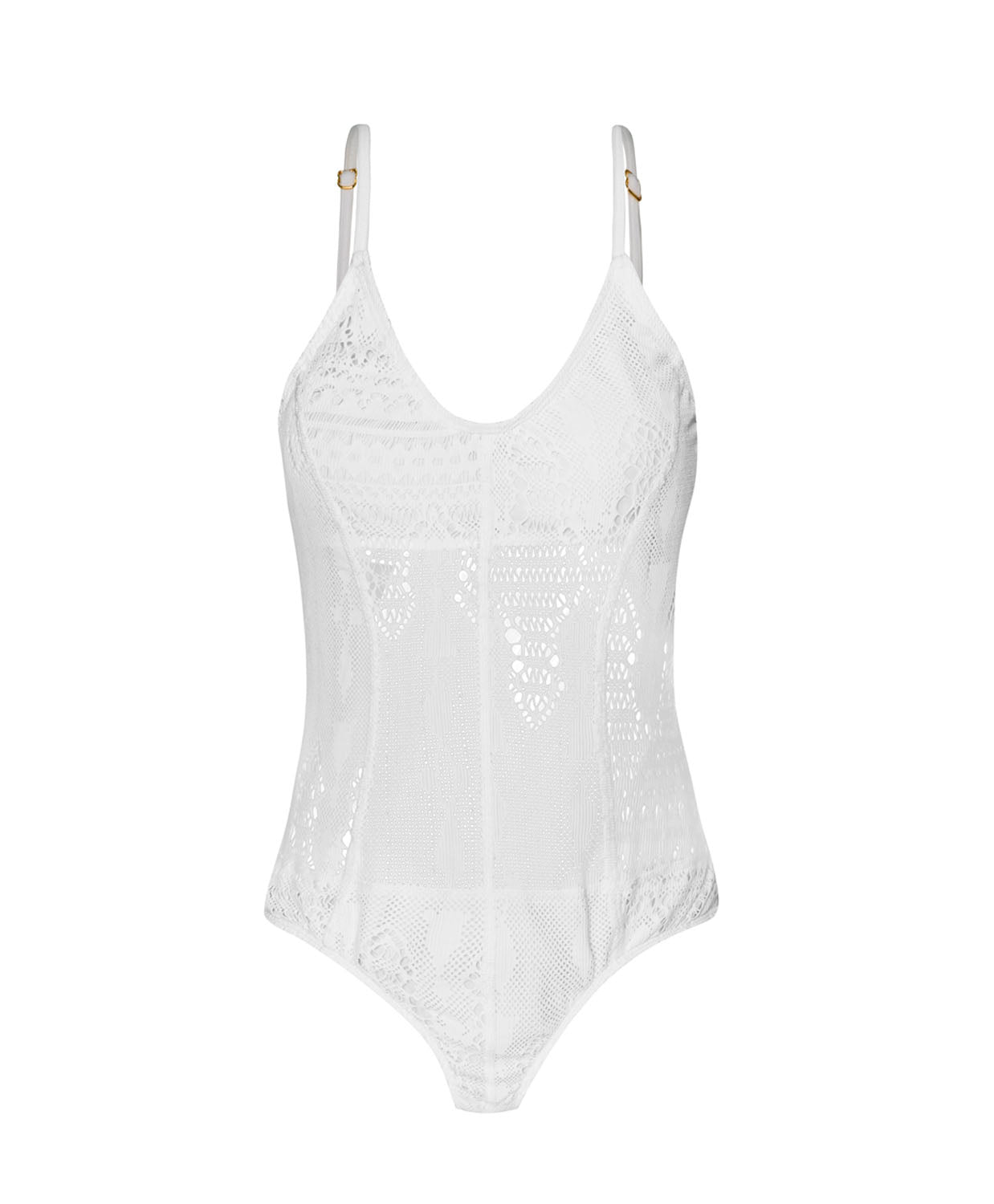 A white mesh one piece swimsuit against a white wall. 