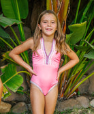 Kids Ultraviolet Rainbow Embroidered V Neck One Piece featuring colorful embroidered trim.