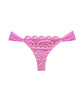 A violet lace fanned bikini bottom. Featured against a white wall background.