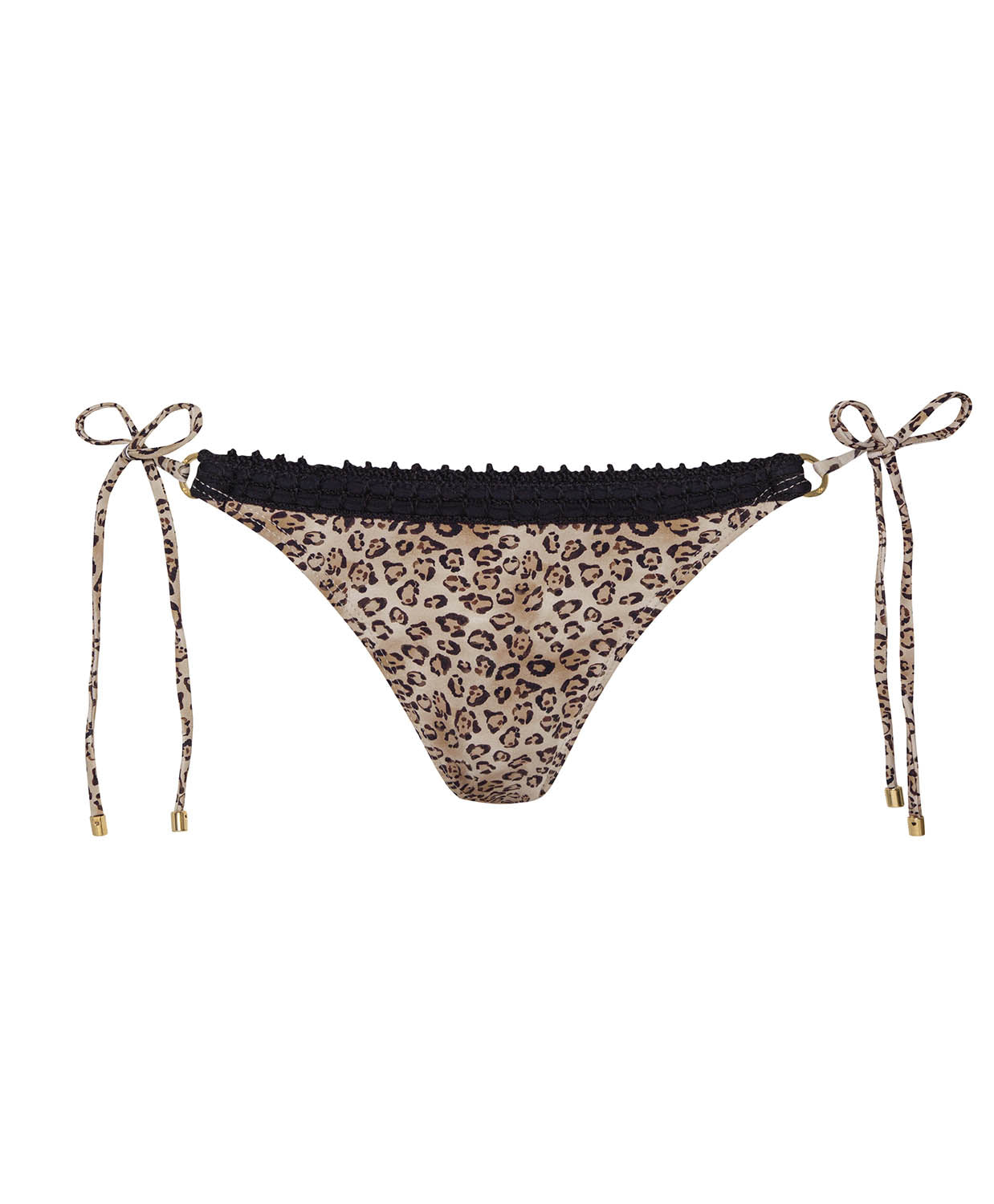 Leopard print bikini bottom with black trim on a white background