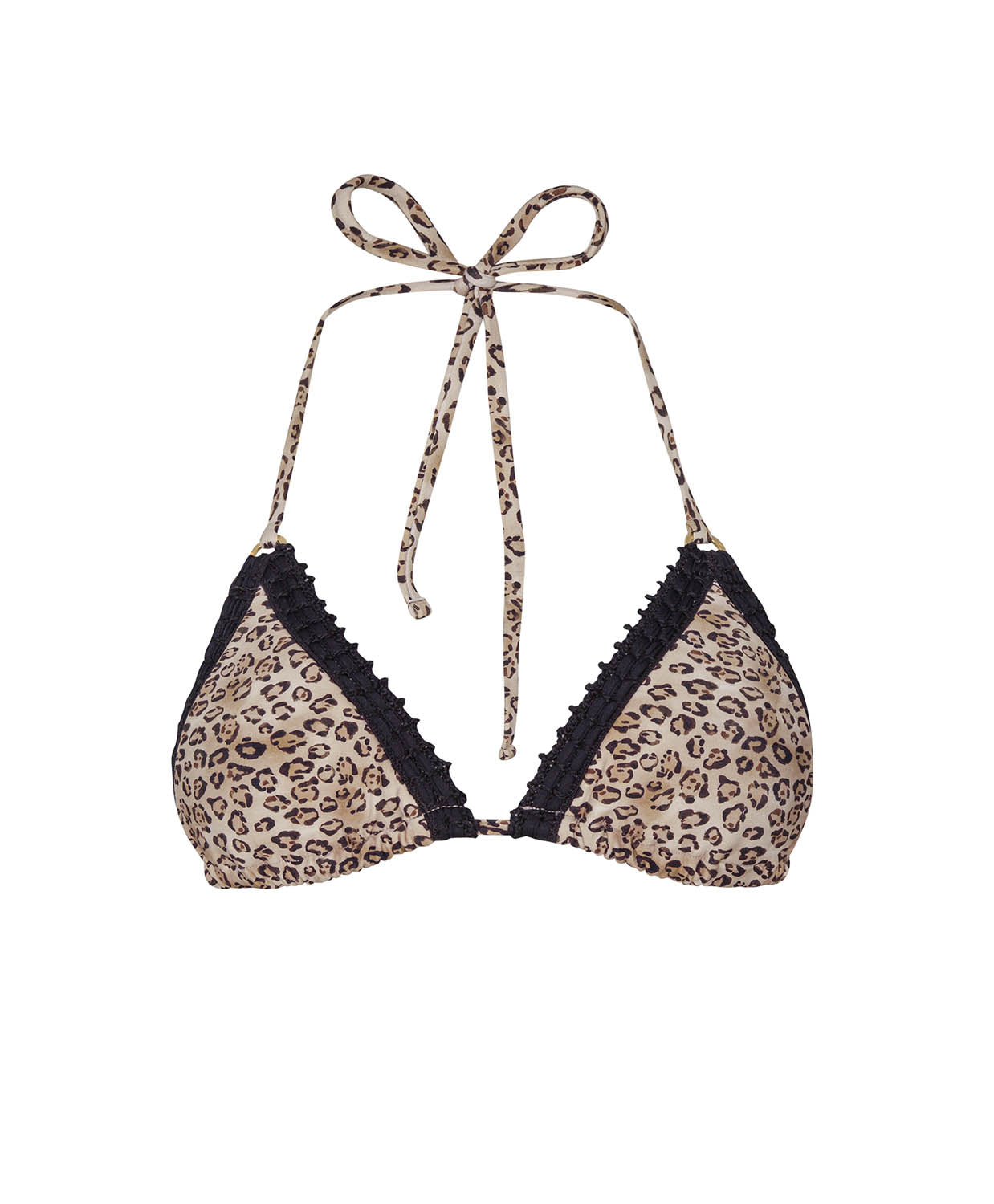 Leopard print bikini top with black trim on a white background