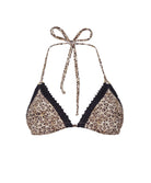 Leopard print bikini top with black trim on a white background