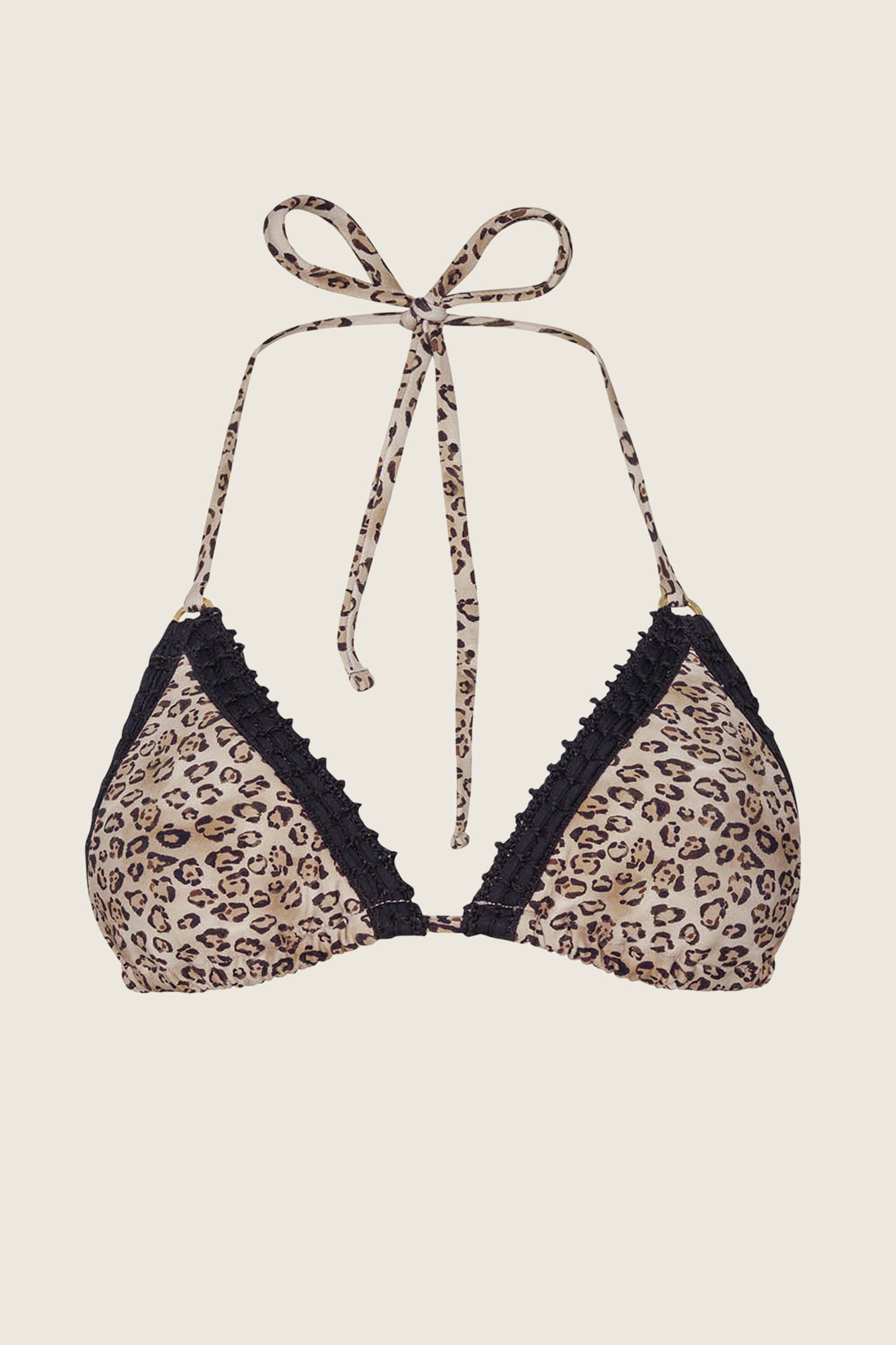 Leopard Kyle Crochet Trim Triangle Top featuring a bold leopard print with black crochet trim and adjustable ties