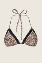 Leopard Kyle Crochet Trim Triangle Top featuring a bold leopard print with black crochet trim and adjustable ties