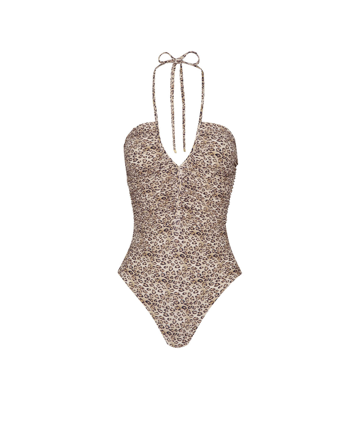 Leopard print one-piece swimsuit with halter neck on a white background