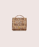 Leopard print toiletry bag on a beige background