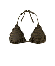 A textured gray triangle shape bikini top with ruffle details. Featured against a white wall background.