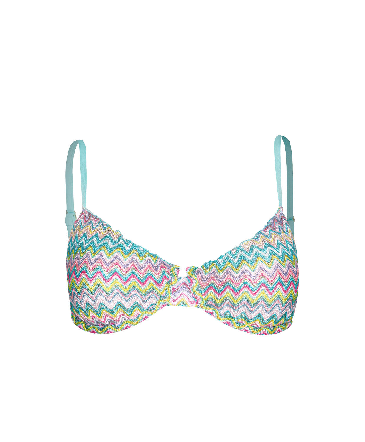 Love Spell Lettuce Edge Underwire Top with pastel chevron print, ripple trim, supportive underwire, and adjustable tie-back fit.