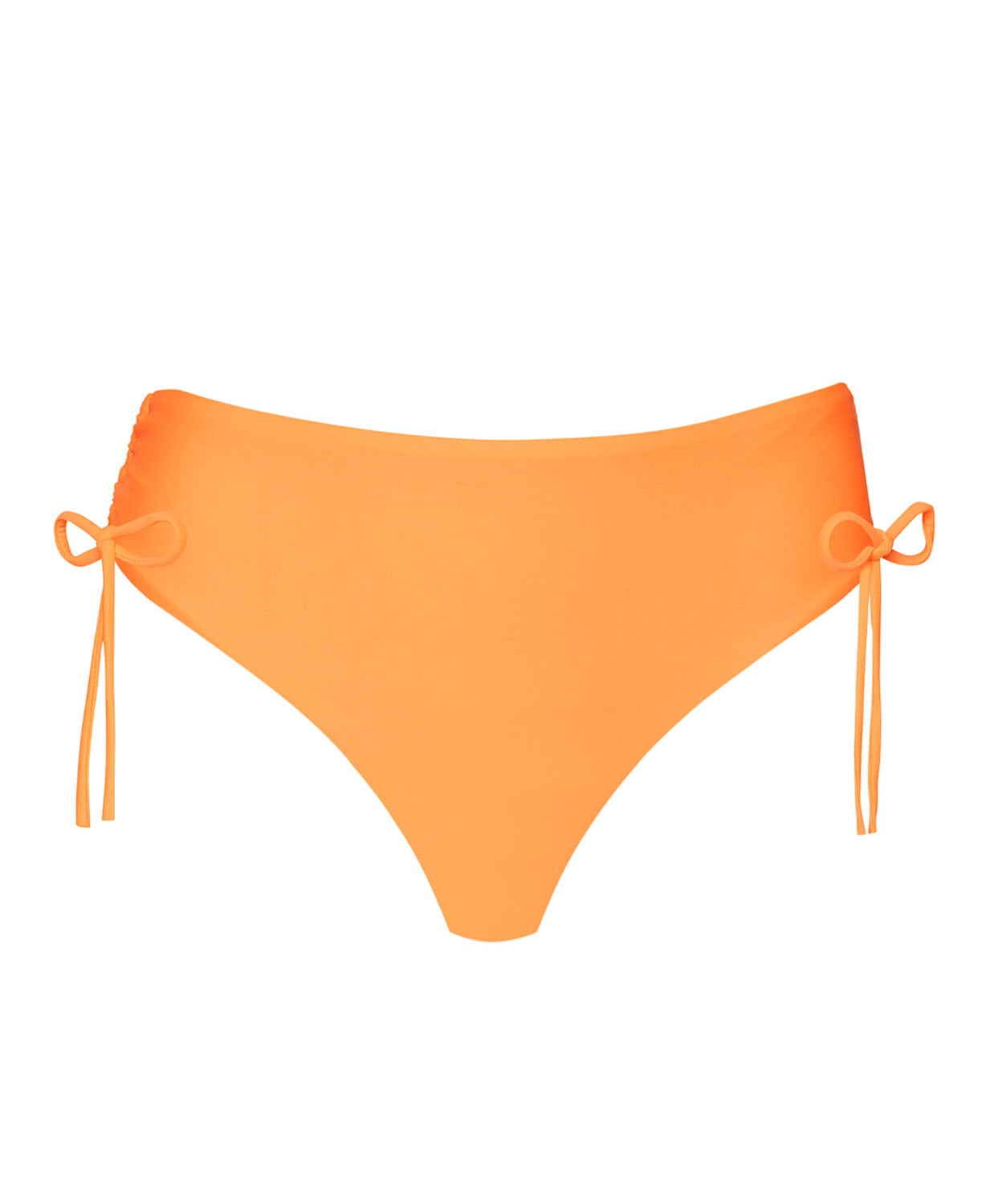 An orange modest bikini bottom against a white wall.
