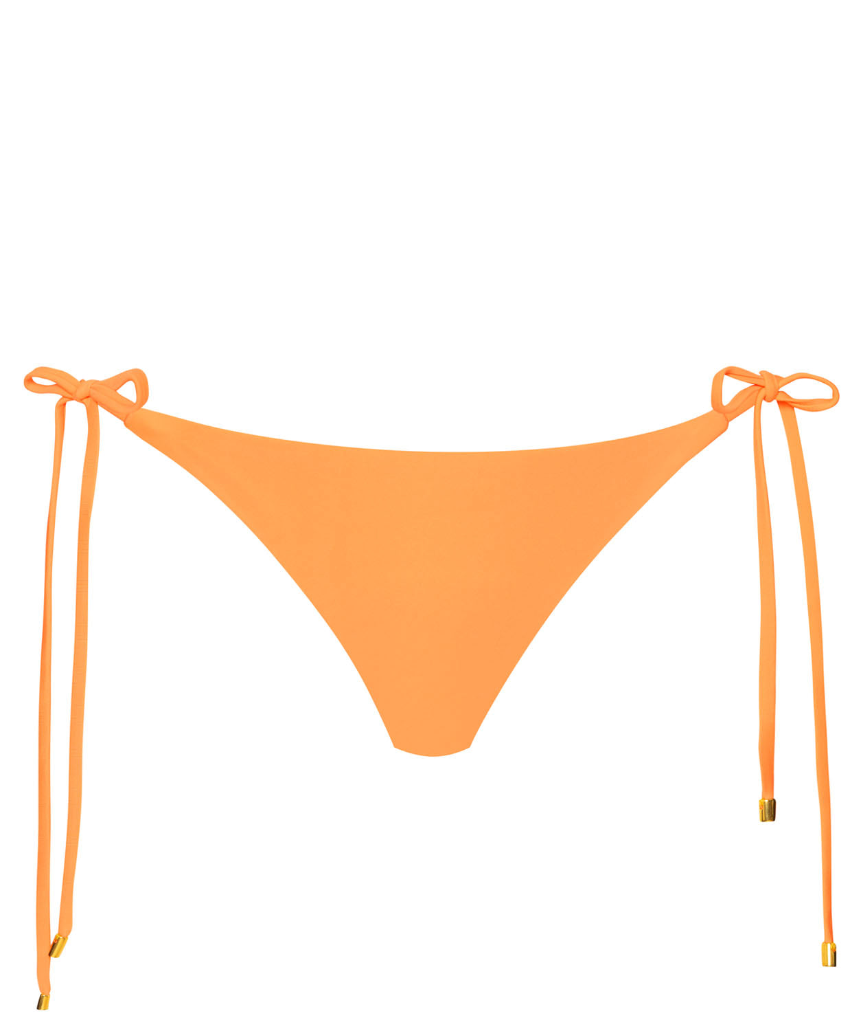 An orange bikini bottom against a white wall.