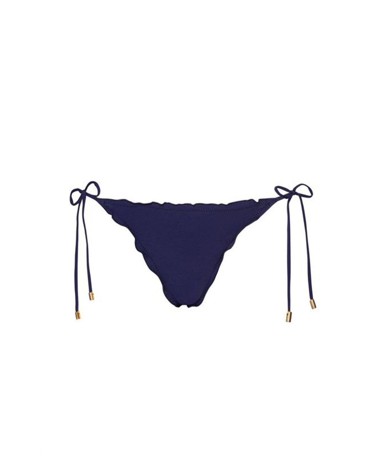 Navy blue bikini bottom with string ties on a white background