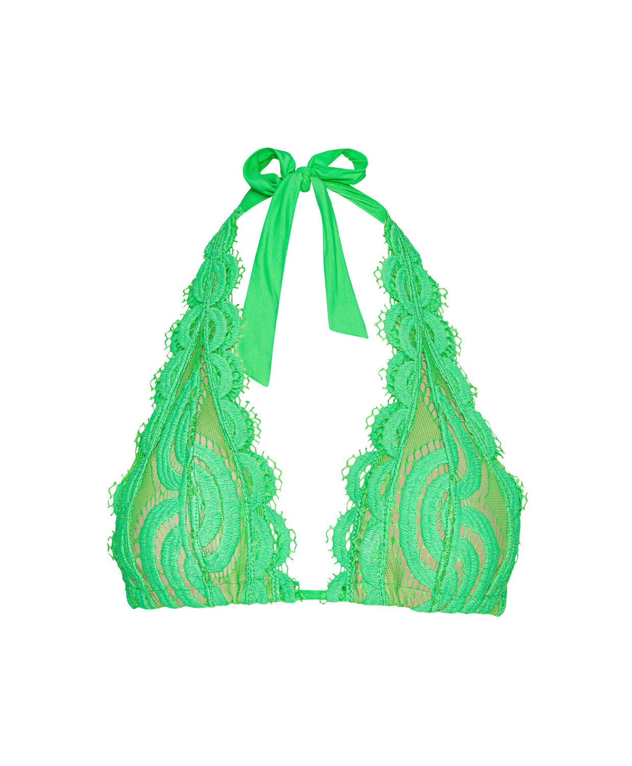 Green lace bikini top with ribbon straps on a white background