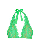 Green lace bikini top with ribbon straps on a white background