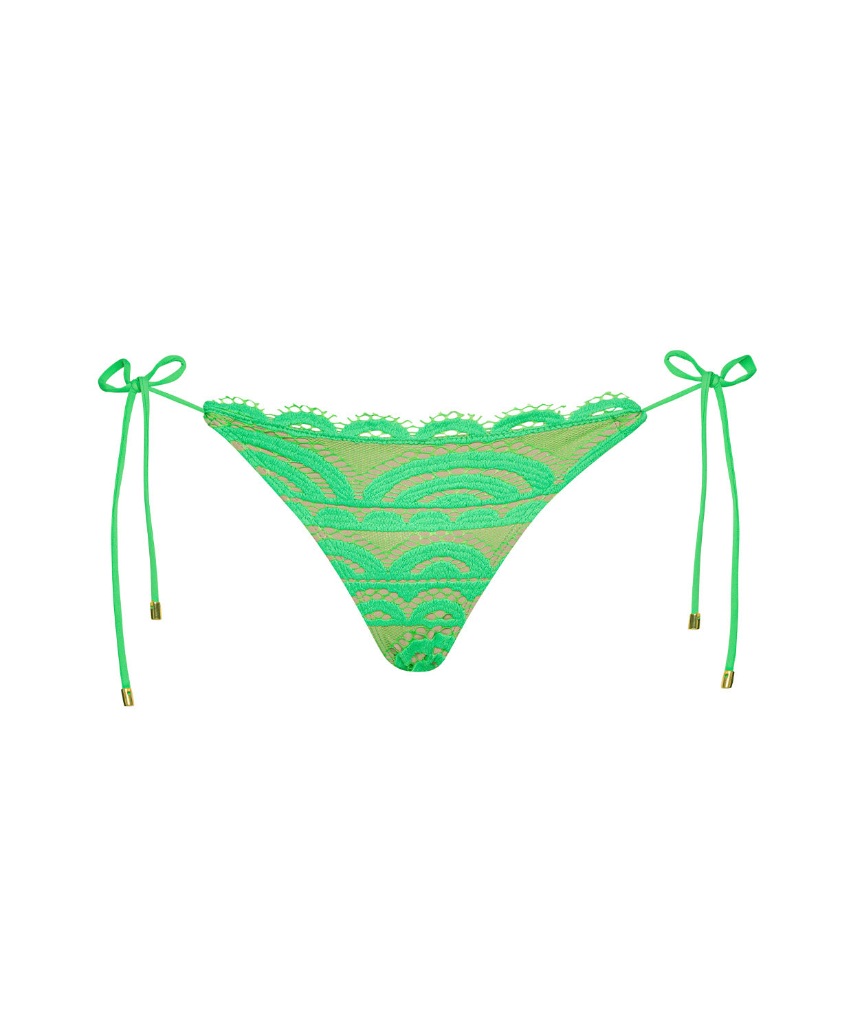Green lace bikini bottom with tie sides on a white background
