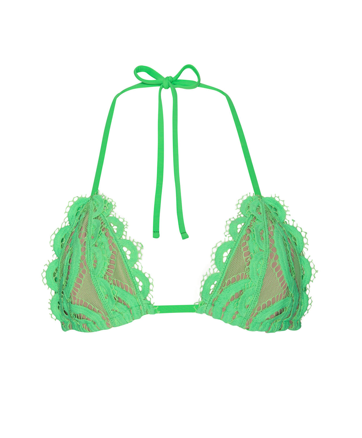 A green lace bikini triangle top against a white wall.