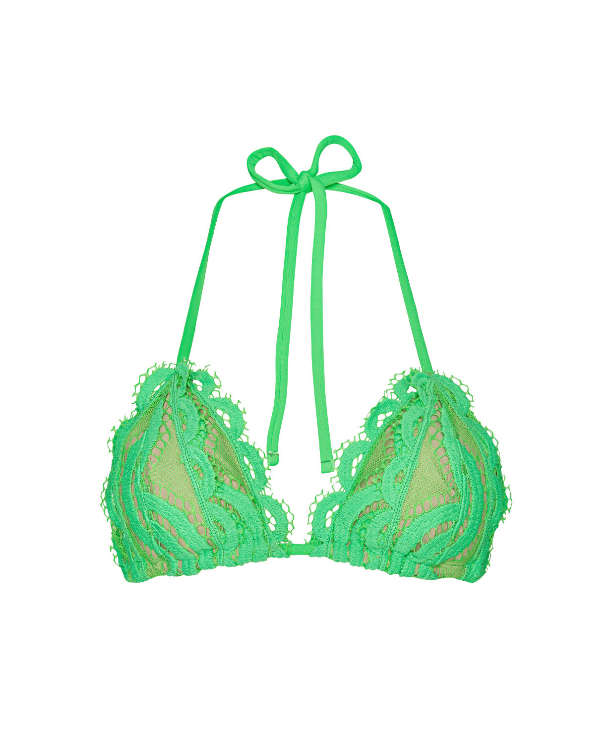 Green lace triangle bikini top on a white background