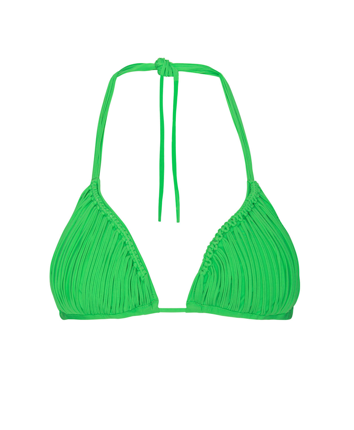 A green triangle bikini top against a white wall.