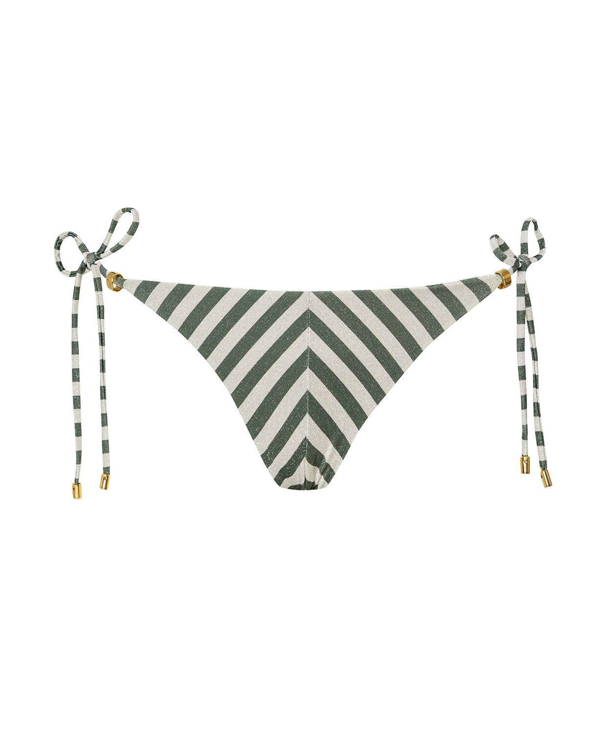 Green and white striped bikini bottom with tie sides on a white background