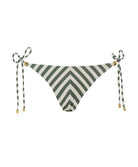 Green and white striped bikini bottom with tie sides on a white background