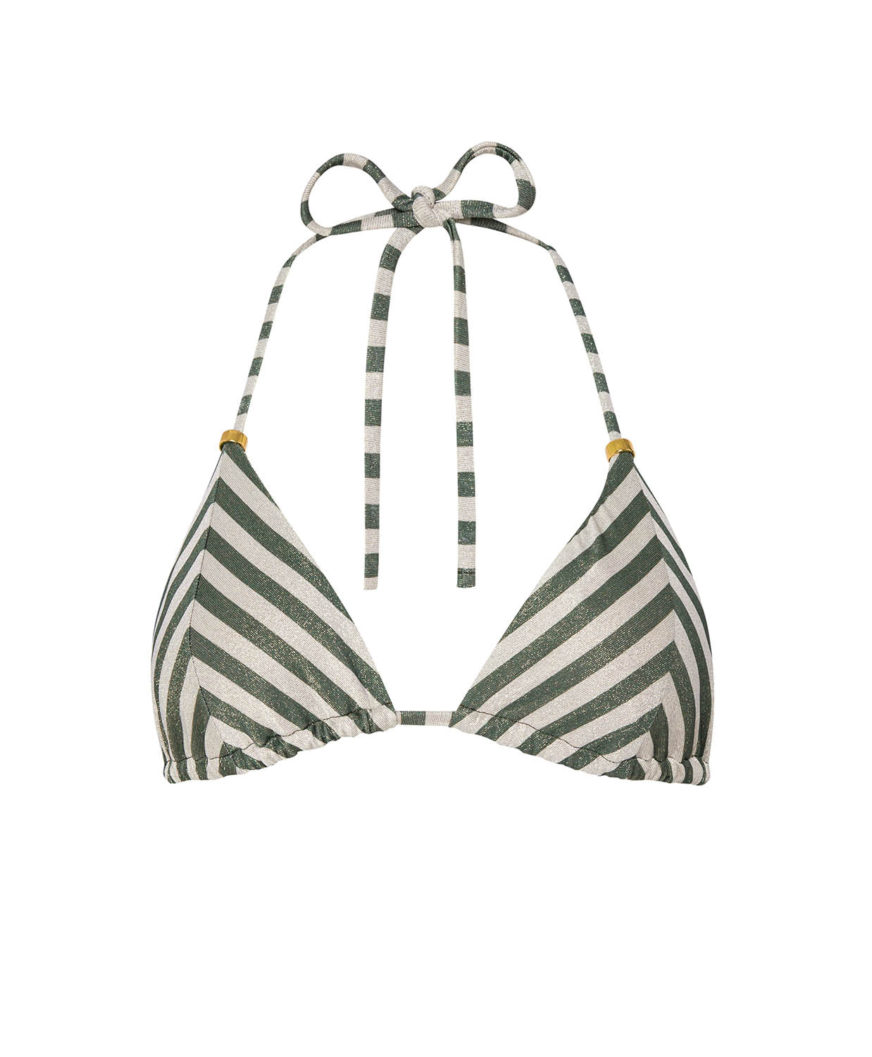 Green and white striped bikini top on a white background