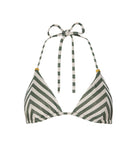 Green and white striped bikini top on a white background