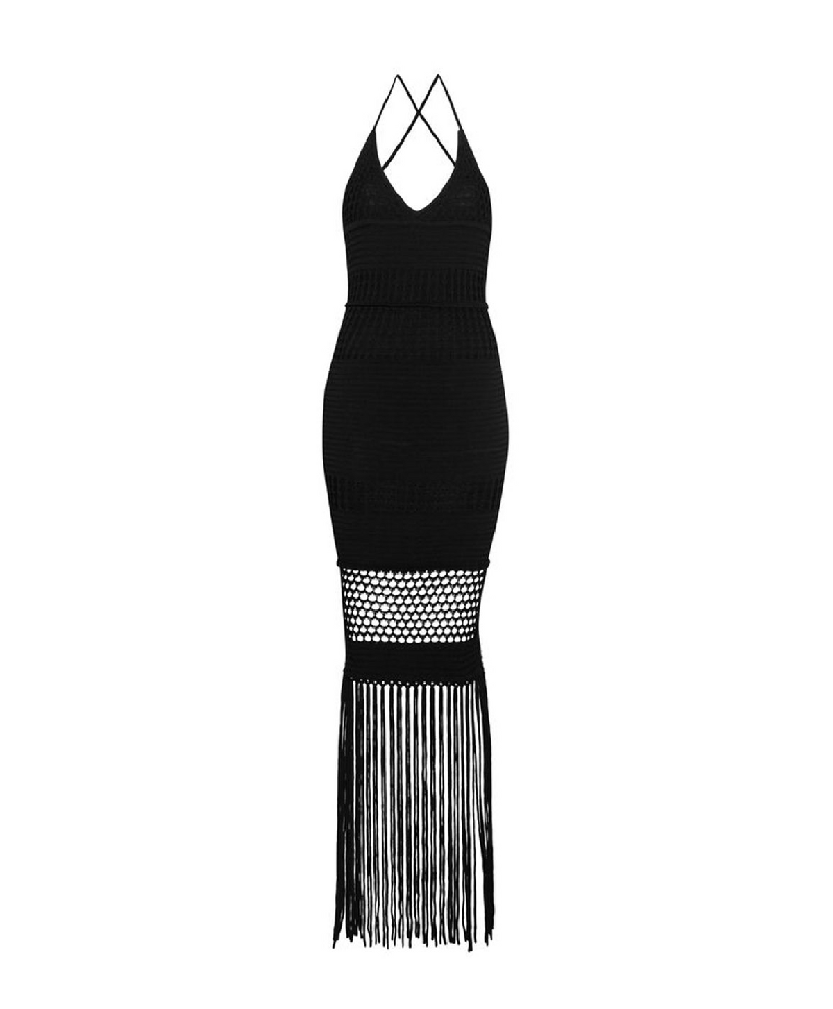 A black halter-neck knit maxi dress with a textured pattern and a long fringe hem, shown against a plain white background.
