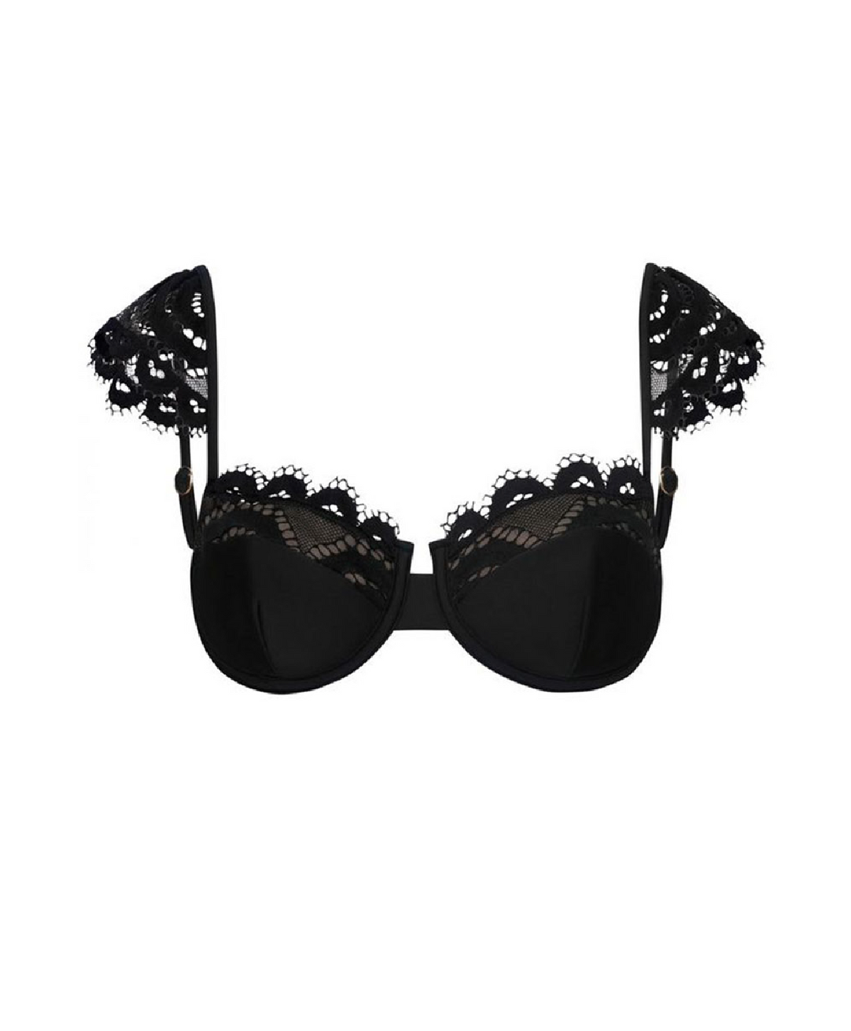Black lace underwire bra with decorative lace shoulder straps and scalloped lace trim along the underband, shown against a plain white background.