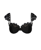 Black lace underwire bra with decorative lace shoulder straps and scalloped lace trim along the underband, shown against a plain white background.