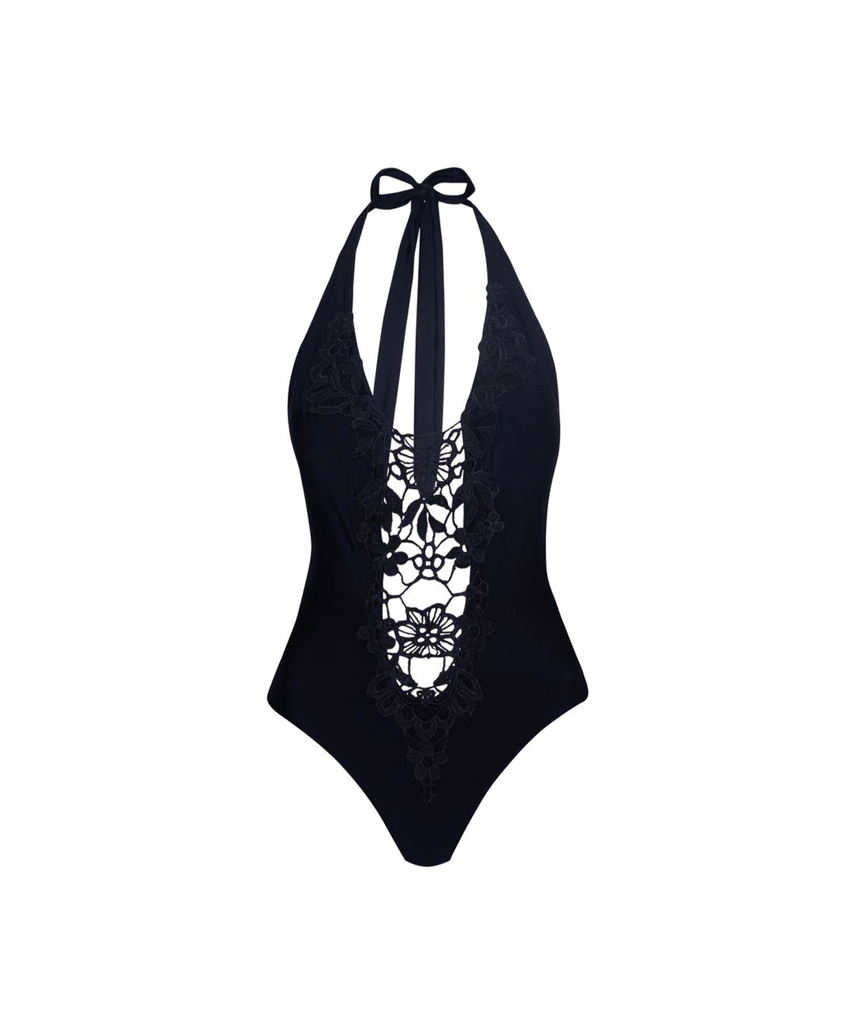 A black one-piece swimsuit with a halter neck, tie-back straps, and a sheer lace panel down the front, shown against a plain white background.
