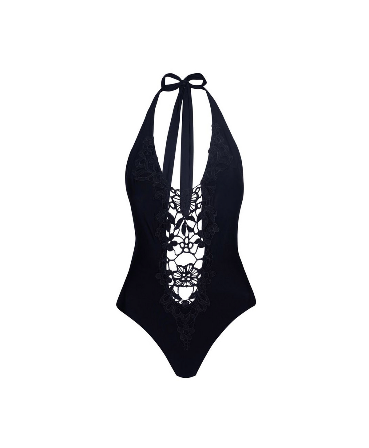 A black one-piece swimsuit with a halter neck, tie-back straps, and a sheer lace panel down the front, shown against a plain white background.