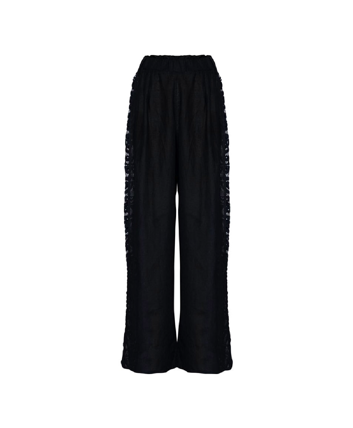 Black wide-leg pants with textured, ruffled side panels and an elastic waistband, shown against a plain white background.