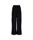 Black wide-leg pants with textured, ruffled side panels and an elastic waistband, shown against a plain white background.