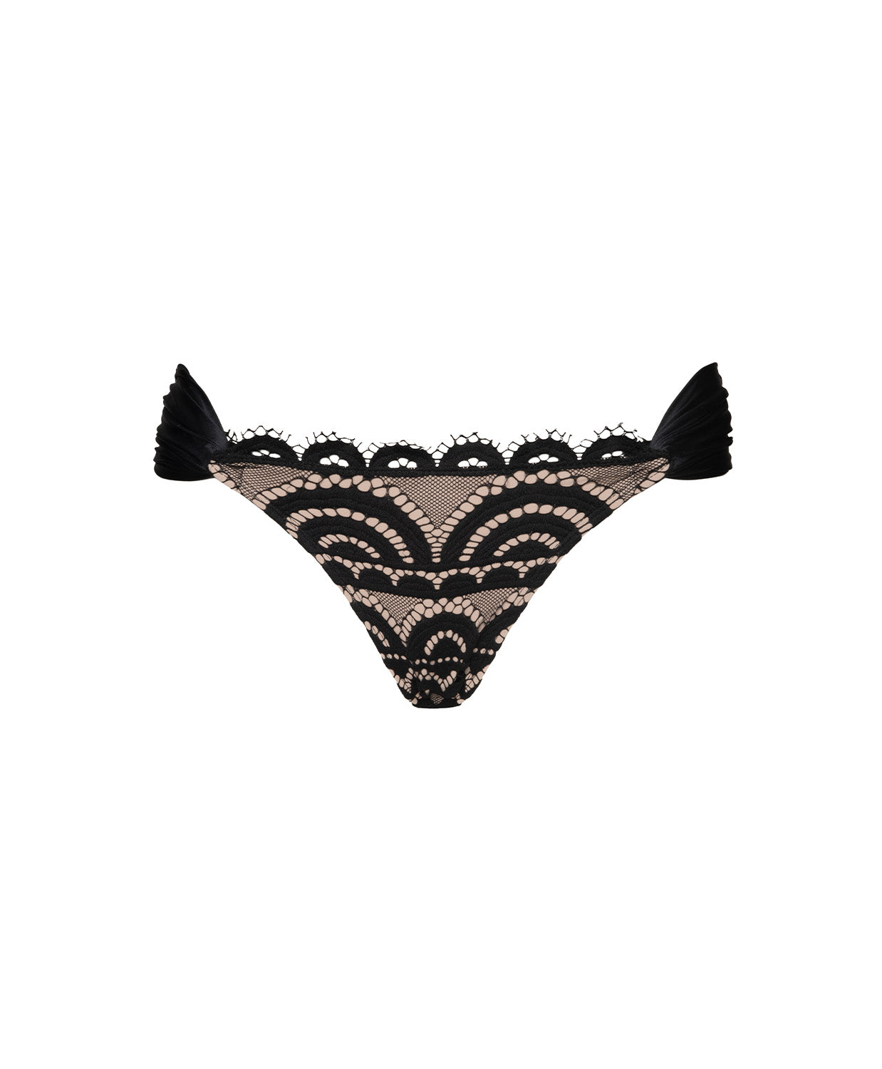 Black lace bikini bottom with tassels on a white background