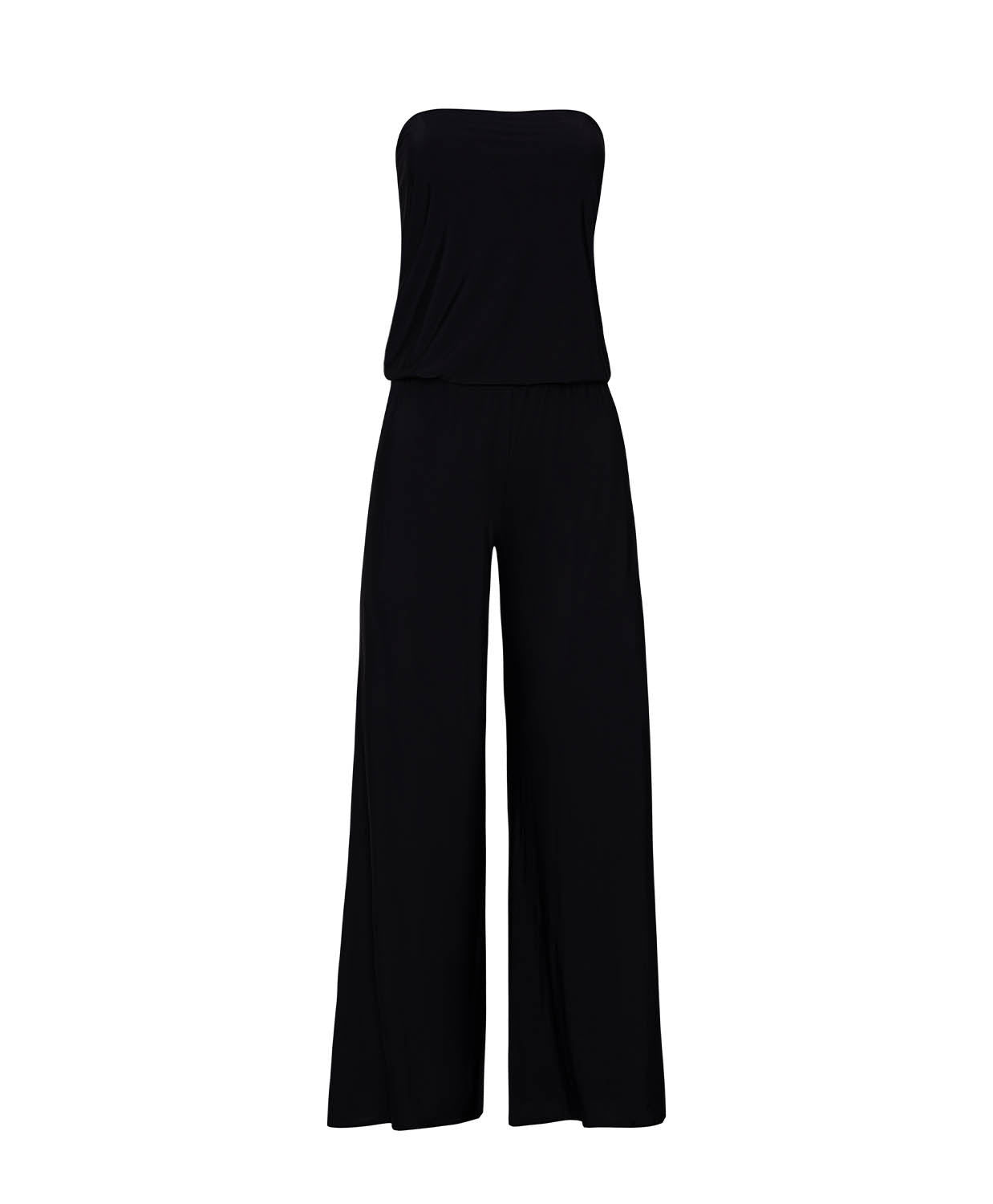 Black strapless jumpsuit on a white background