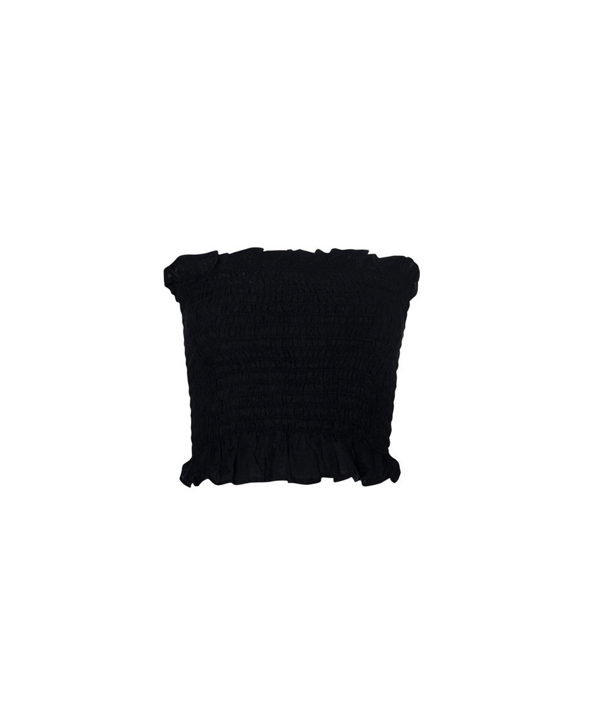 A black smocked crop top with ruffled trim on the shoulders and hem, shown against a plain white background.