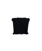 A black smocked crop top with ruffled trim on the shoulders and hem, shown against a plain white background.