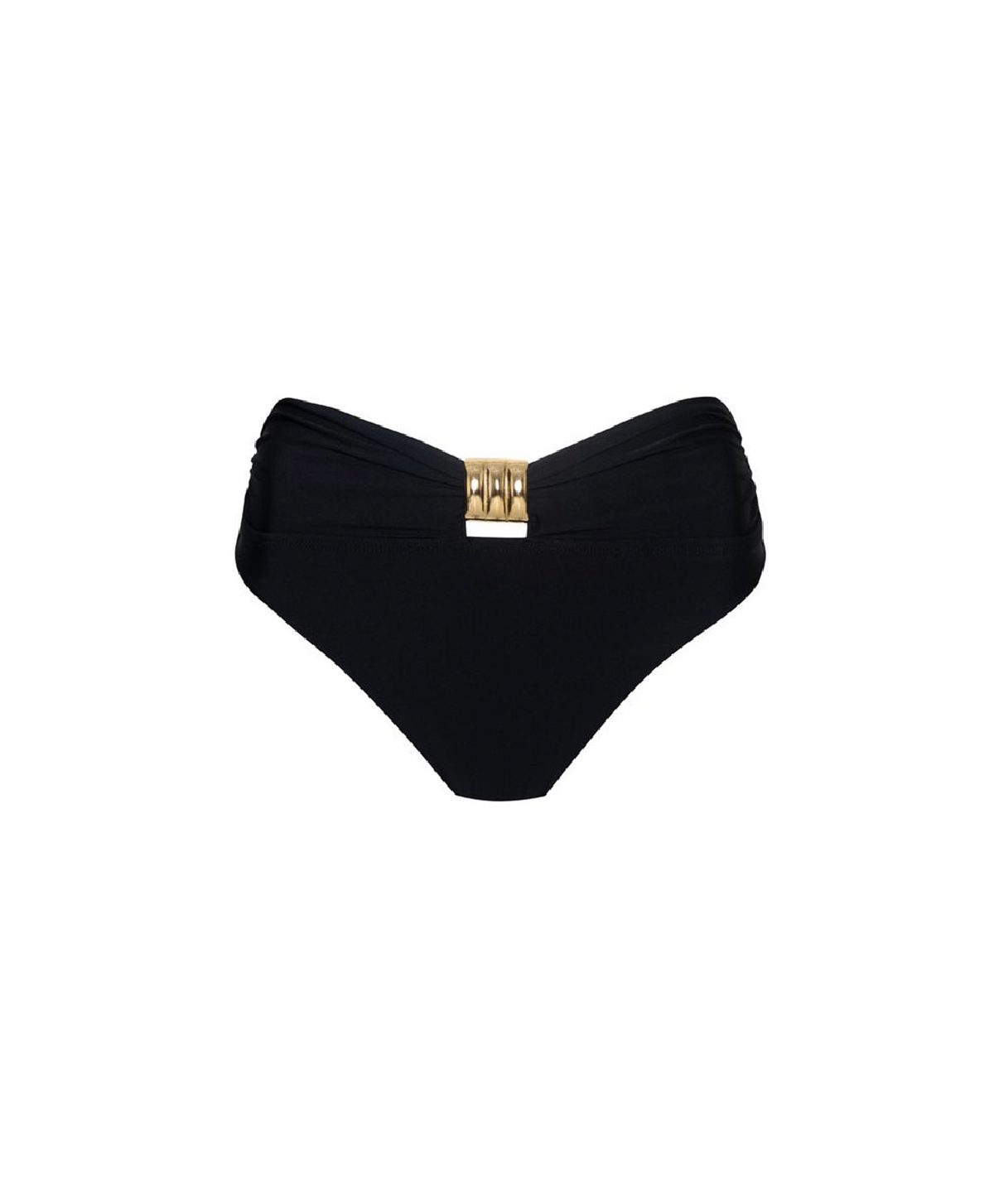 Black bikini bottom with a gathered waistband and a central gold-tone metal clasp, shown on a plain white background.