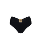 Black bikini bottom with a gathered waistband and a central gold-tone metal clasp, shown on a plain white background.