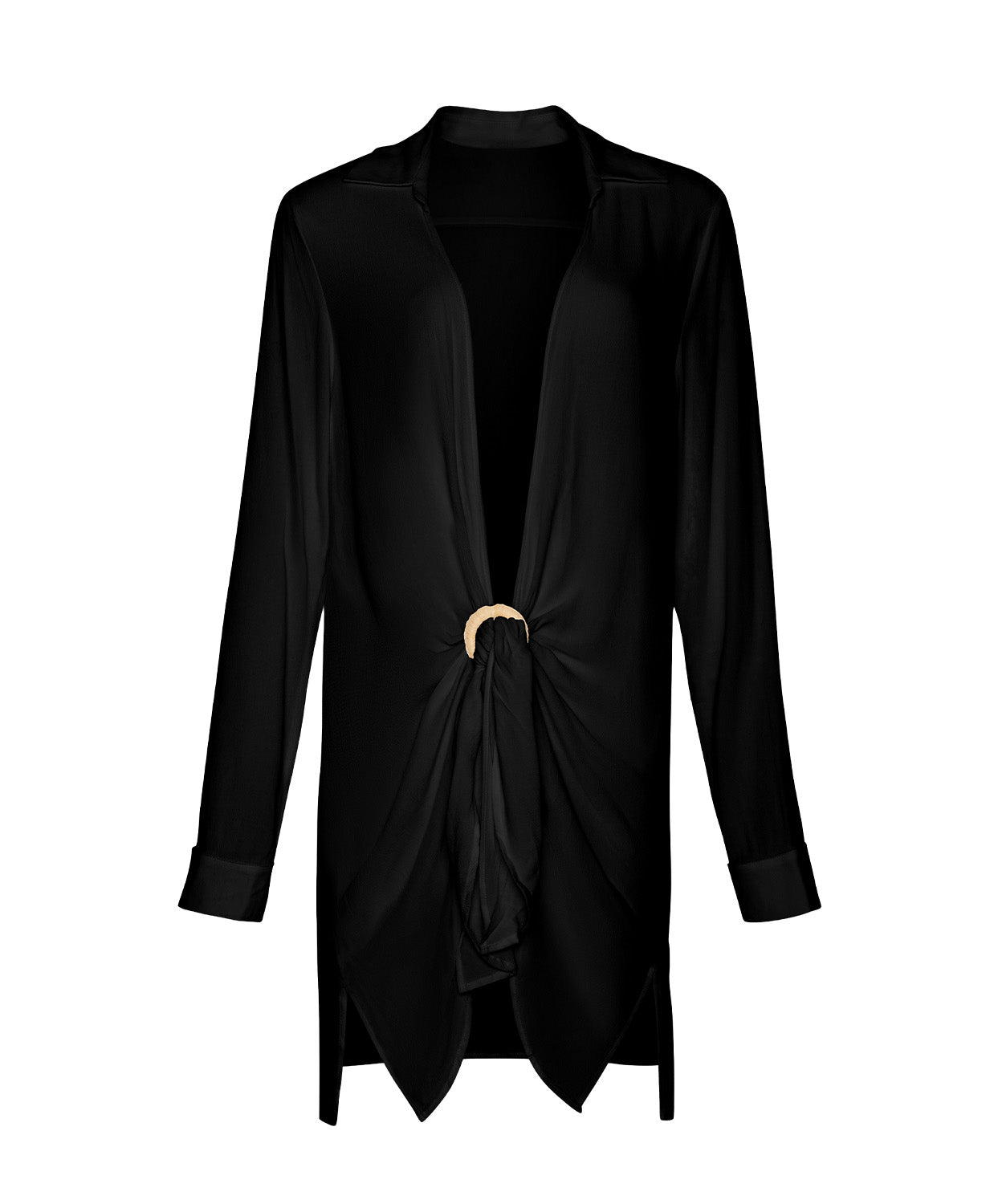 Black long-sleeve top with a knot detail on a white background